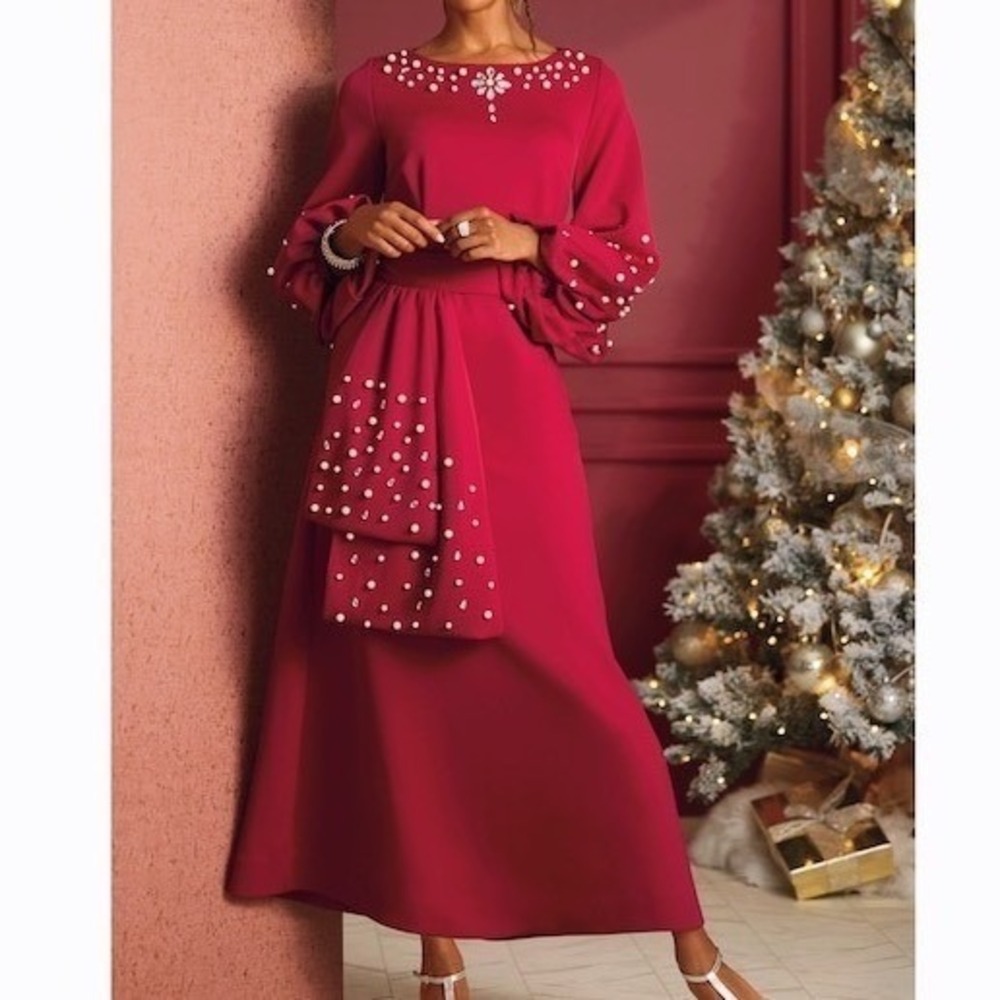 Ashro Red Pearl Crystal Embellished Maxi Dress Puff Sleeve Belted Gown NWOT